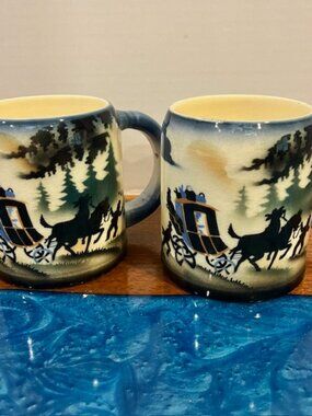 Set of 2 Erphila Czech Ditmar Urbach Air Brush Paint Stagecoach Pine Forest Mugs